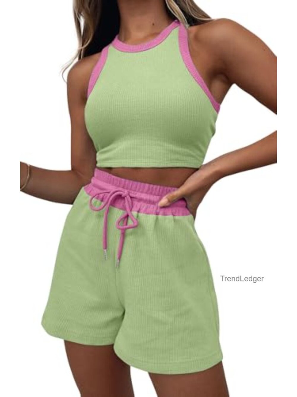 2-Piece Lounge Set Sleeveless Crop Top & Shorts Waffle Tracksuit Sweatsuit